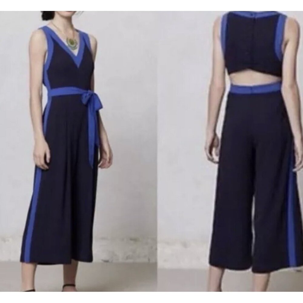 Elevenses Anthropologie Beca Open Back Jumpsuit Size 6 Crop Wide Leg Blue Lined